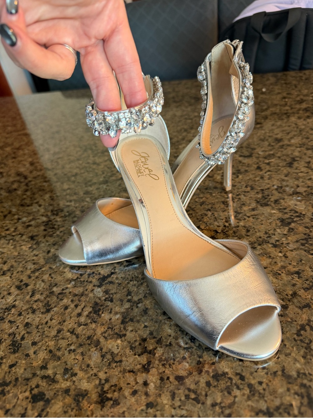 Badgley Mischka Silver Jeweled Ankle-Strap Peep-Toe Heels